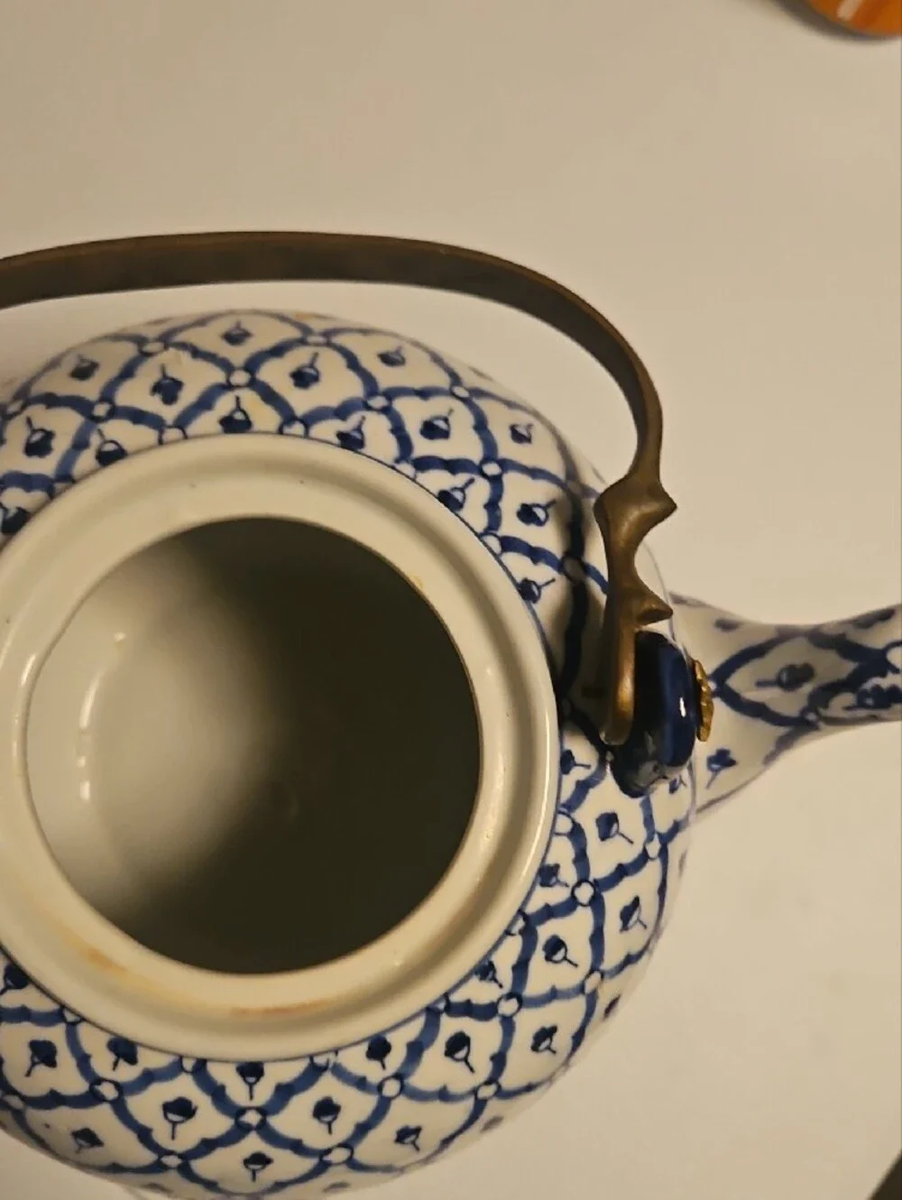 Andrea By Sadek Blue and White Ceramic Teapot with Brass Handle